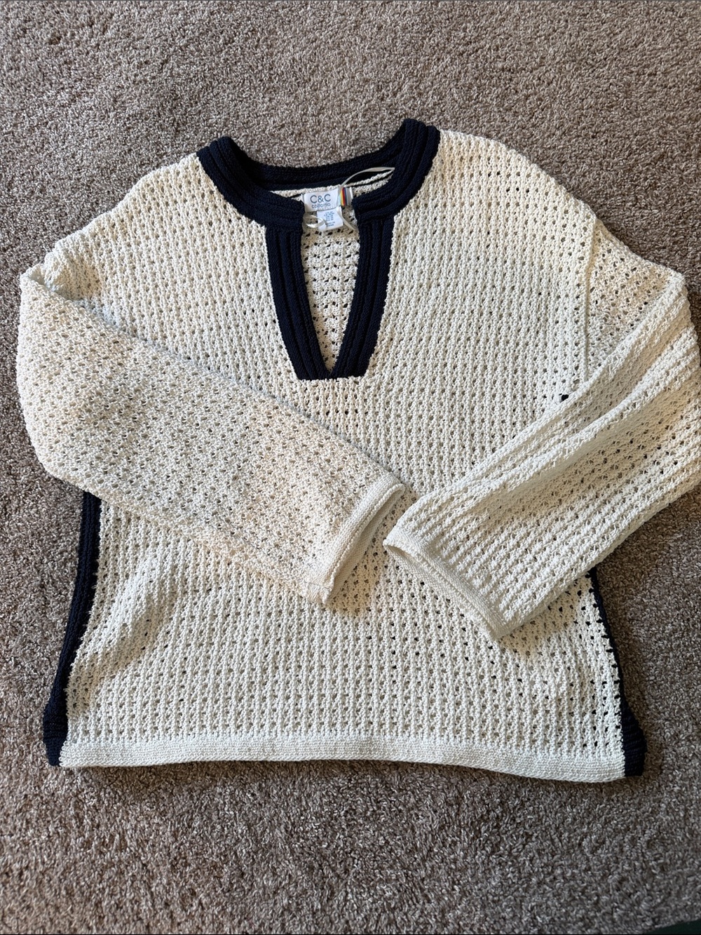 C&C California Cream Open-Weave Crewneck Sweater with navy Trim on